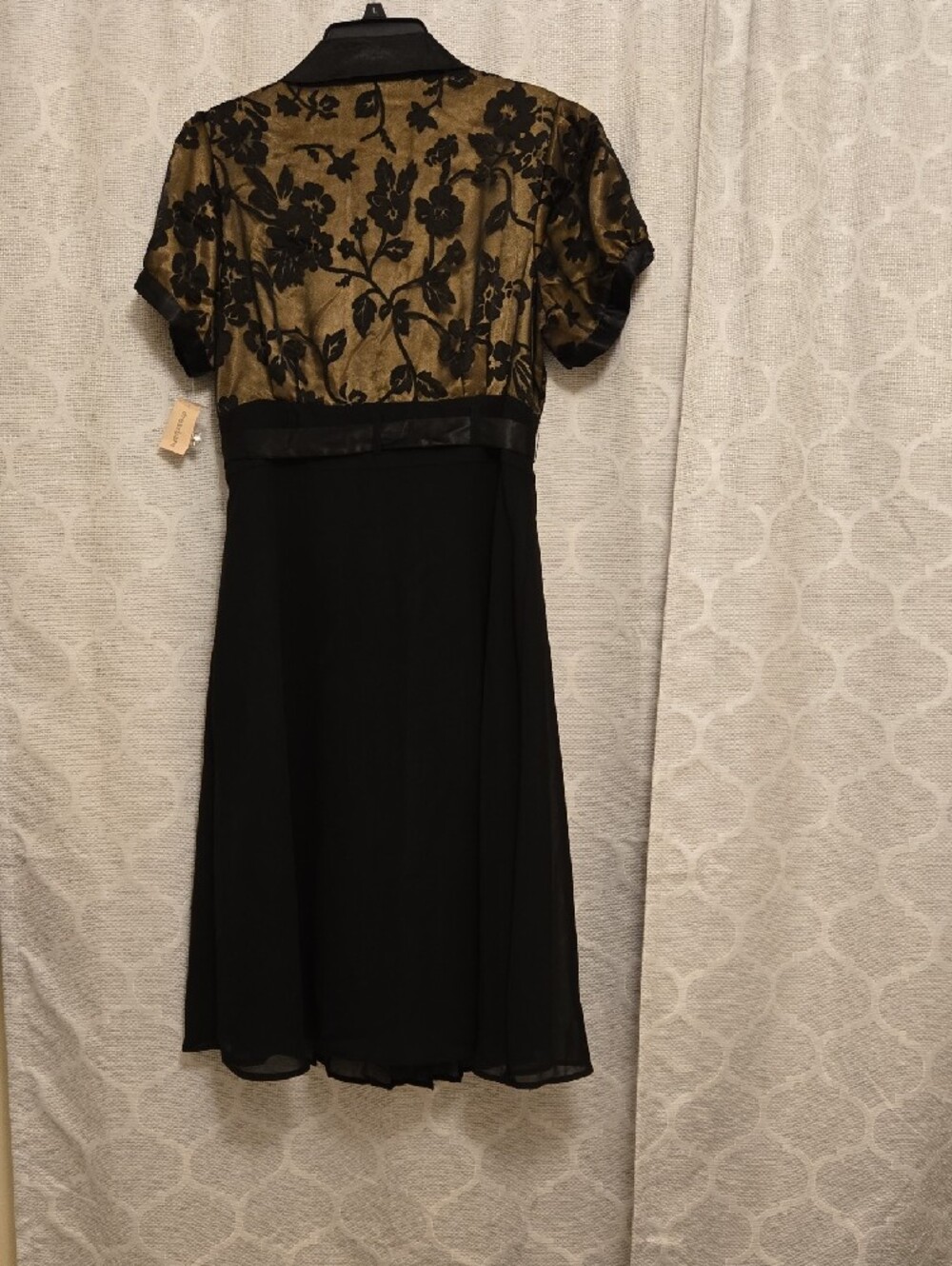 Dress Barn Gold Floral Jacquard & Black Midi Dress with Satin Tie - Picture 2 of 4